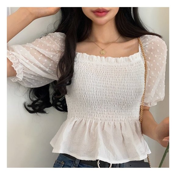 White Chiffon Dobby Mesh Short Sleeves Smocked Blouse - Picture 1 of 9